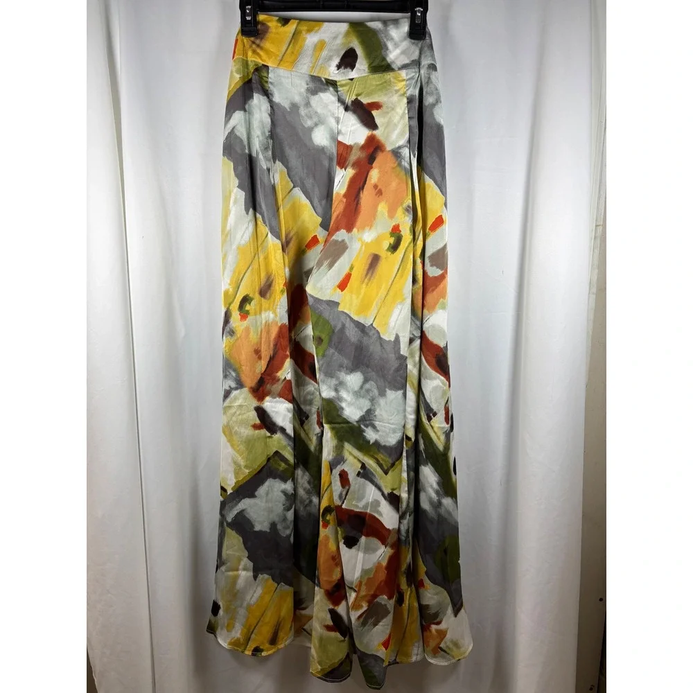 Gracia Abstract Brushstroke Print Satin Pants Tie Waist Multicolor Size M - Picture 3 of 6